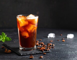 Iced Coffee In Glass With Ice Cubes On Dark Background