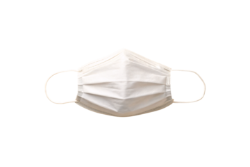 White disposable medical face mask with elastic ear loops and pleated design for health protection, isolated on a transparent background
