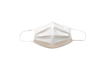 Standard white surgical mask with elastic straps and three-layer filtration system for medical or safety use, isolated on a transparent background