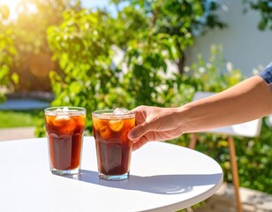 Hand Reaching for Iced Coffee Drinks on a White Patio Table
