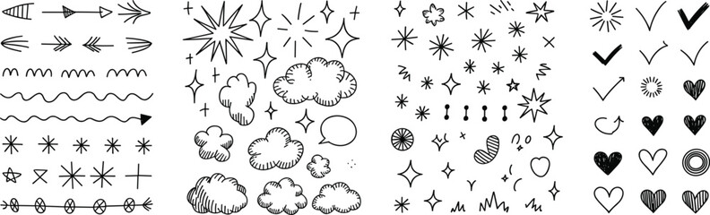 Collection of hand-drawn decorative sketch elements, arrows, stars, speech bubbles, hearts, symbols, perfect for planner, notes, or design projects