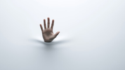 Open hand emerging from a white sheet on a white background, creating a mysterious and suspenseful atmosphere