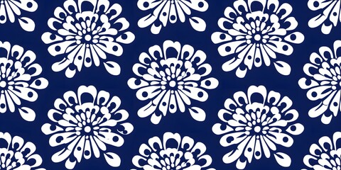 Seamless floral pattern with white chrysanthemum design on navy background