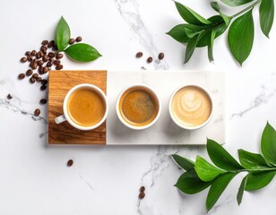 Three Different Coffee Drinks On Marble Surface