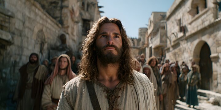 Biblical scene with ancient people walking through historic Middle Eastern town - Powered by Adobe