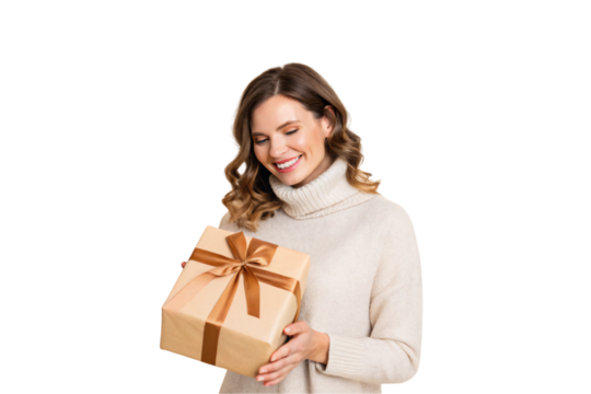 Smiling brunette woman in cream turtleneck sweater holding wrapped gift box, looking down with joy, isolated on a transparent background