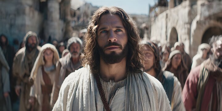 Biblical scene with ancient people walking through historic Middle Eastern town - Powered by Adobe