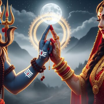 Lord Shiva and Goddess Parvati's hands touching under the full moon and mandala