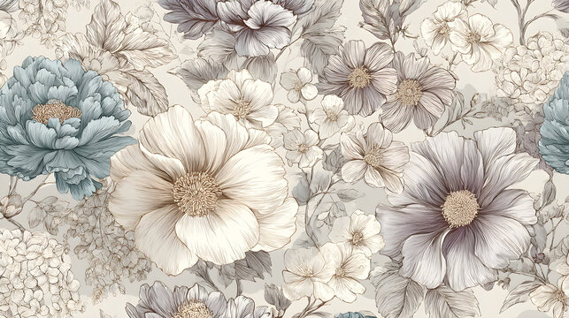 Ethereal Vintage Floral Engravings with Pastel Overlays in Antique Botanical Style