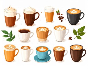 Variety Of Coffee Cups And Beverages With Colorful Designs