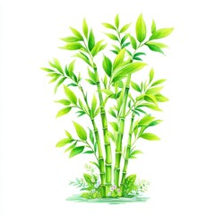 Obraz premium Watercolor Bamboo Stalks with Green Leaves and Small Flowers on White Background