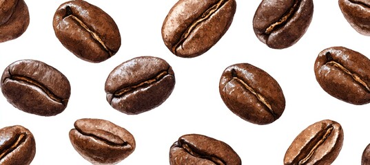 Obraz premium Roasted coffee beans scattered on white background, top view pattern