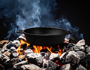 Black Cast Iron Skillet Over Campfire
