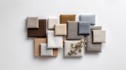Interior design material board featuring various textures and finishes for architectural projects