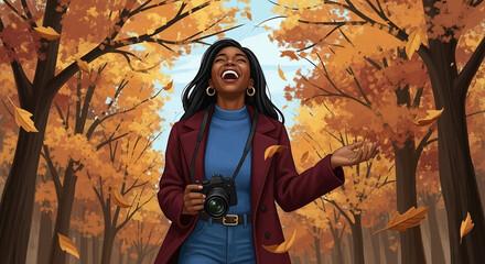 Obraz premium Autumn Joy: A woman in a burgundy coat and blue sweater joyfully celebrates the beauty of autumn, surrounded by falling golden leaves.