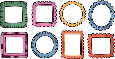 Collection of eight colorful and decorative hand drawn frames and borders in various shapes and sizes including squares and circles with scalloped edges and unique textured designs