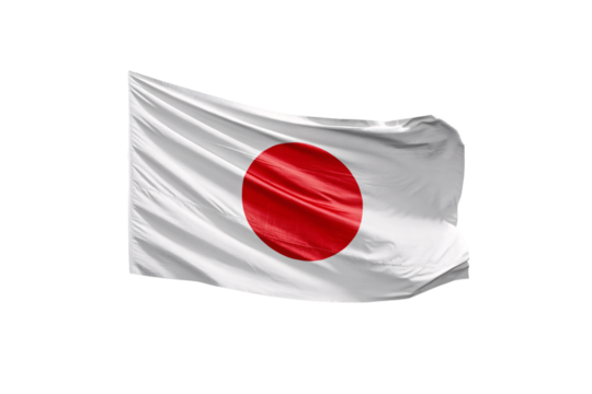 Japan flag with red circle on white fabric waving dynamically, isolated on a transparent background