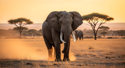A majestic wild African elephant standing tall in the golden savanna at sunset, dust swirling around its feet, large tusks gleaming in the warm light, vast open plains with acacia trees in the backgro