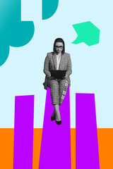 3d poster image vertical pop art collage of happy manager girl guy stand chart bubble development...