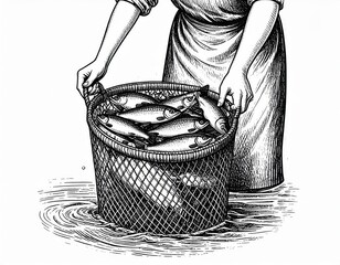 Fisherman Emptying Fish Net In Vintage Illustration