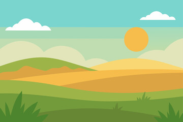 Wide Grassland With Soft Sunlight And Distant Hills