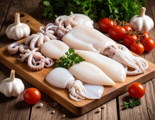 Fresh Squid And Octopus On Wooden Board