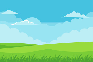 Fototapeta premium Vast Field Covered With Fresh Green Grass Under A Clear Sky