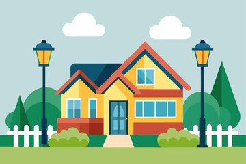 Naklejka premium Traditional Suburban Home With Summer Lawn And Garden