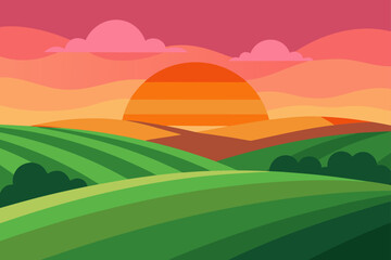 Obraz premium Rolling Green Fields Under A Glowing Summer Sunset