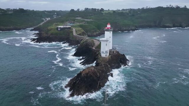 Aerial view of le petit minou lighthouse and waves, France.