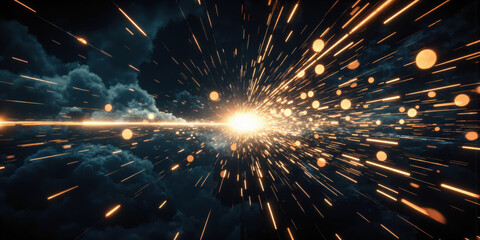Sparks Clouds Fireball: Light streaks during explosion amidst clouds in dark sky perhaps for effects