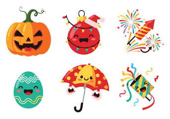 Cute Holiday Emojis: Festive Pumpkins, Ornaments, and Fireworks for Winter Celebrations