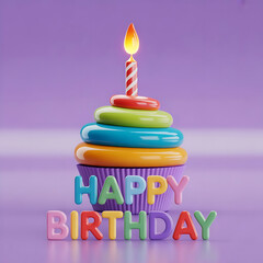 Happy Birthday Cupcake with Candle | Colorful Celebration Dessert Image