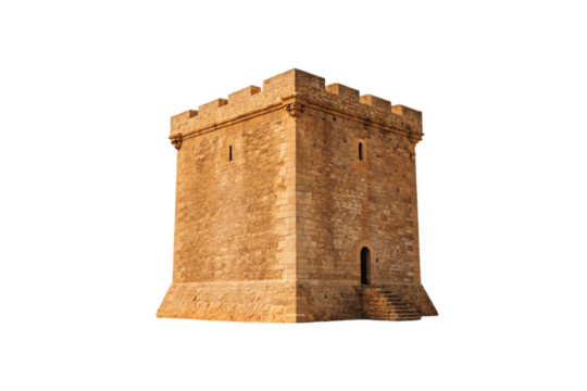 Square medieval watchtower made of golden sandstone blocks with crenellated battlements and narrow window openings, isolated on a transparent background