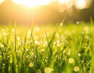 Dew Drops On Lush Green Grass At Sunrise