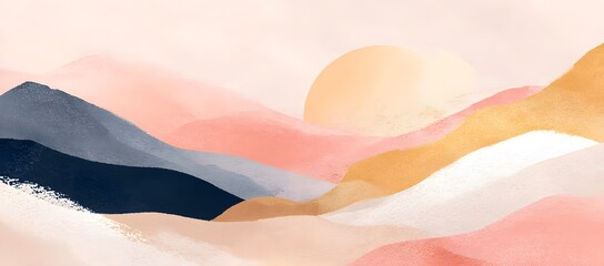 Abstract watercolor sunrise landscape with sun and mountains