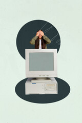 Vertical 3d poster art pop collage of happy businesswoman businessman stand pc monitor desktop...