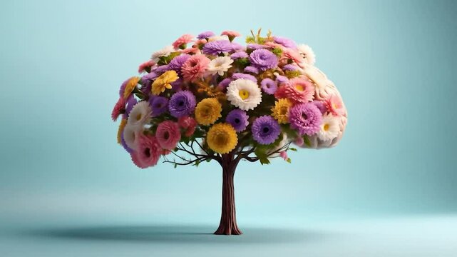 A stylized tree with a human brain adorned with colorful flowers