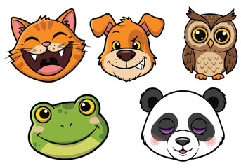 Fototapeta premium Cute Animal Faces: Cat, Dog, Owl, Frog, Panda Illustrations