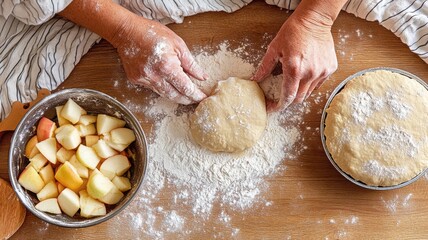 Hands rolling out dough in a cozy autumn kitchen with chopped apples and nutmeg