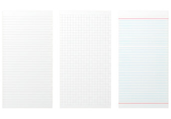 Three different types of paper sheets, including lined, graph, and ruled, are isolated on white isolated on transparent background