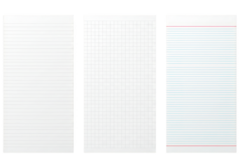 Three different types of paper sheets, including lined, graph, and ruled, are isolated on white isolated on transparent background