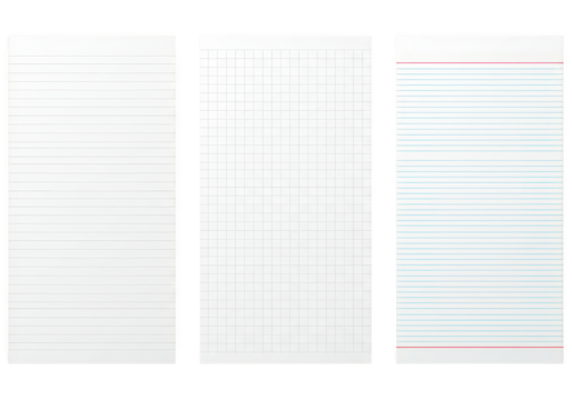 Three different types of paper sheets, including lined, graph, and ruled, are isolated on white isolated on transparent background - Powered by Adobe