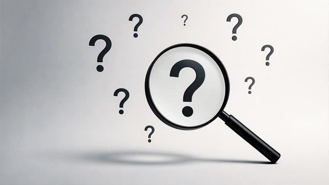 A magnifying glass lying on a white background with question marks, question mark, root cause analysis, question sign