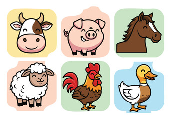 Cute Farm Animals: Illustrations of Cow, Pig, Horse, Sheep, Rooster, and Duck