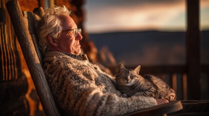 Elderly man relaxed with sleeping cat on lap at sunset porch
