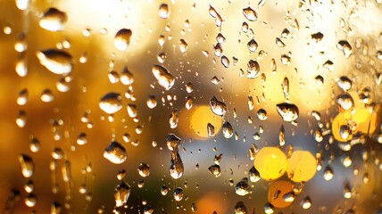 Captivating view of autumn raindrops on a large window with golden sunlight and swirling leaves in motion blur