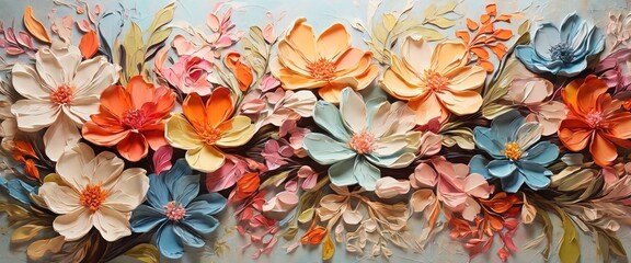 Closeup of abstract rough colorful multicolored organic floral spring flowers art painting texture, with oil acrylic brushstroke, pallet knife paint on canvas wallpaper