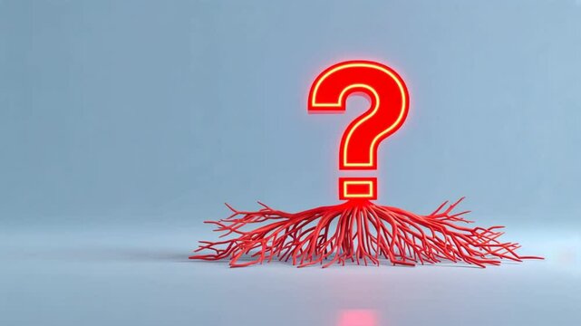 A red connected to glowing neon lights roots of the mark at the bottom symbolizing question mark root cause analysis, question sign