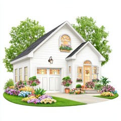 Charming White Cottage Home with Lush Garden and Manicured Lawn on a Sunny Day